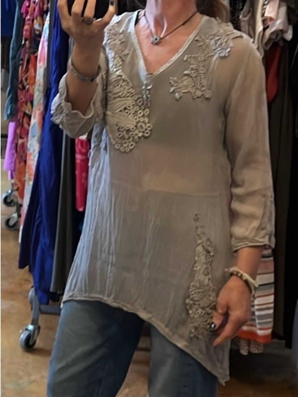 Johnny Was Taupe Embroidered V-Neck Tunic
